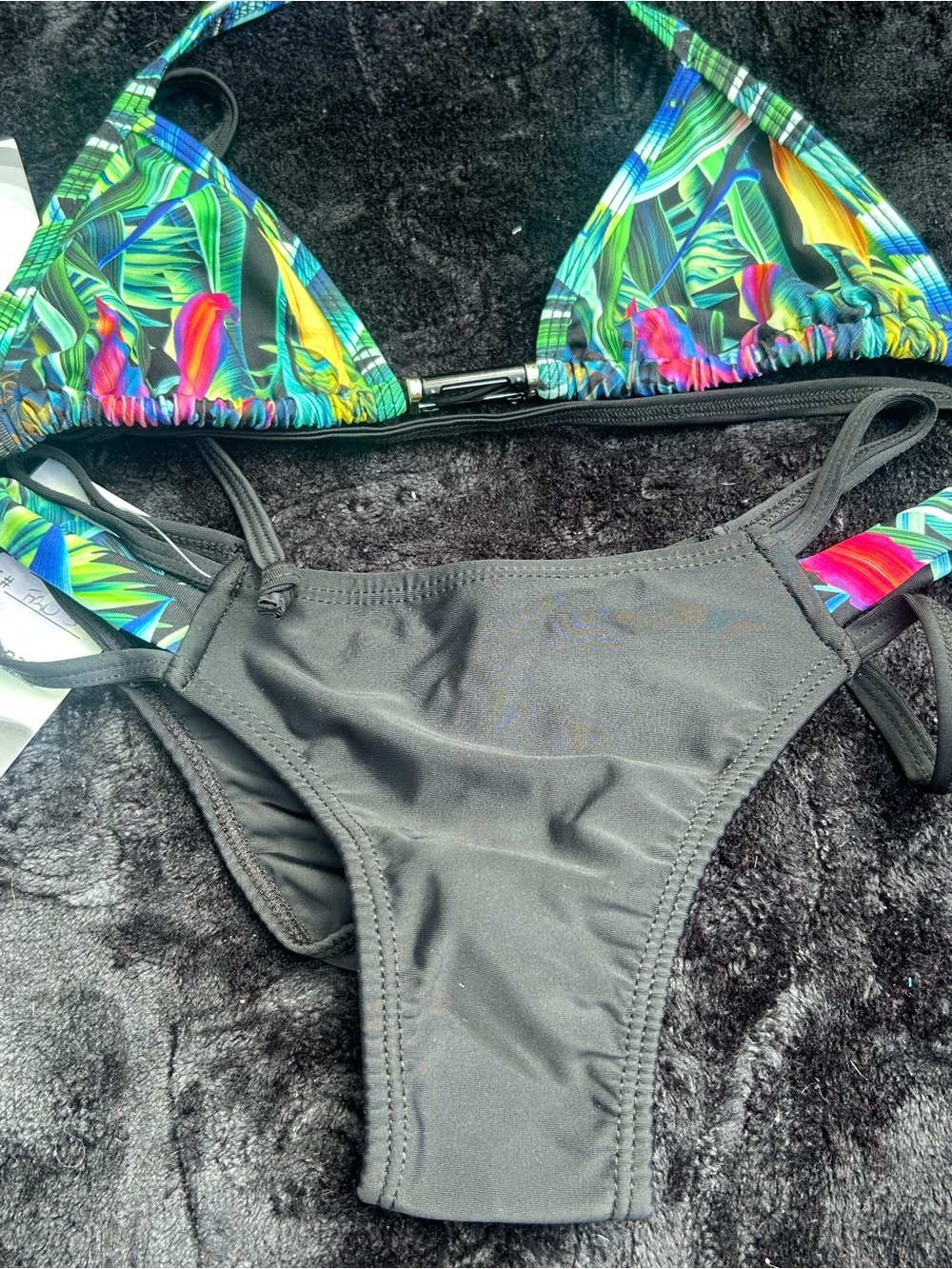 Women's Tropical Print Triangle Bikini with Black Bottom